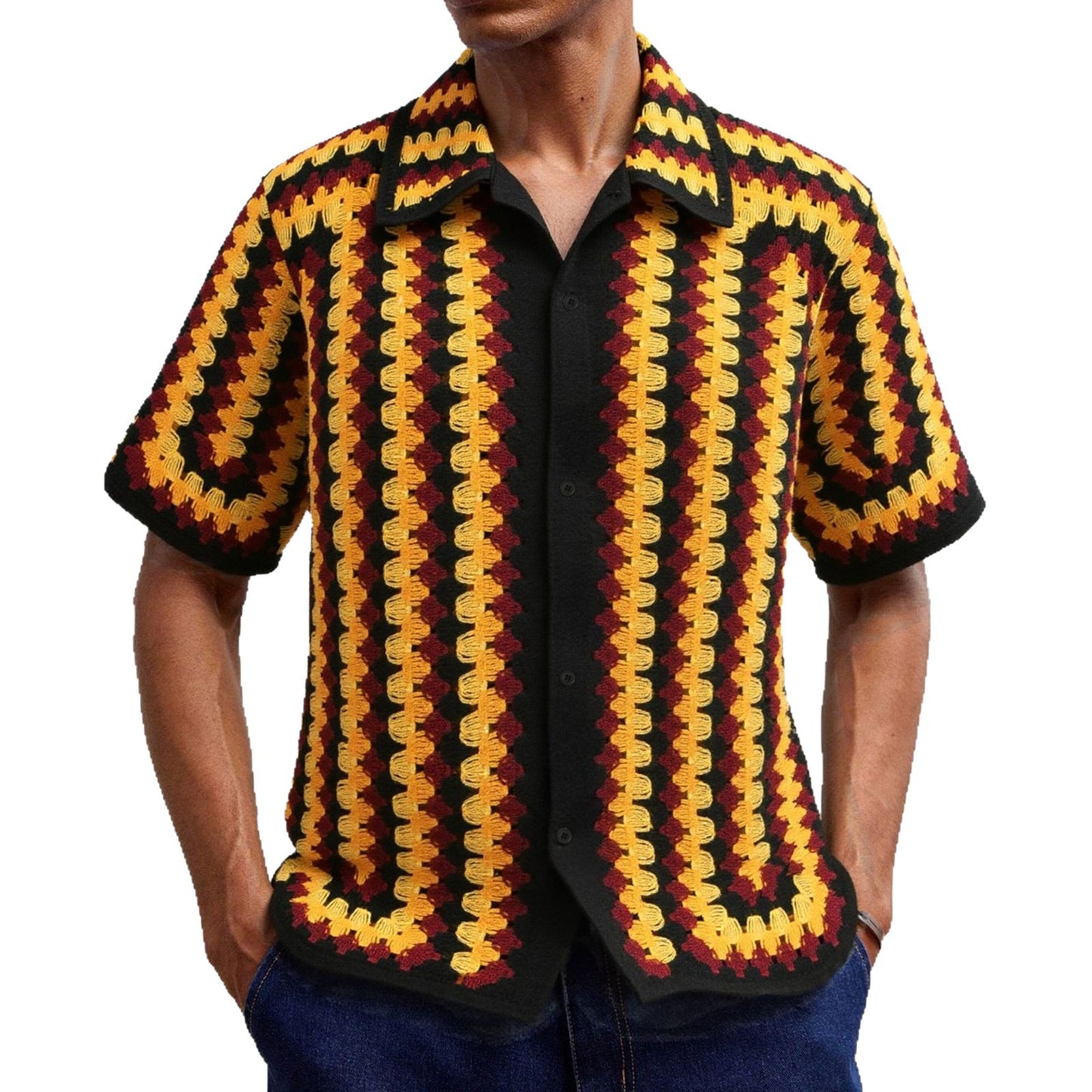 Retro Striped Crochet-Knit Mens Shirt
