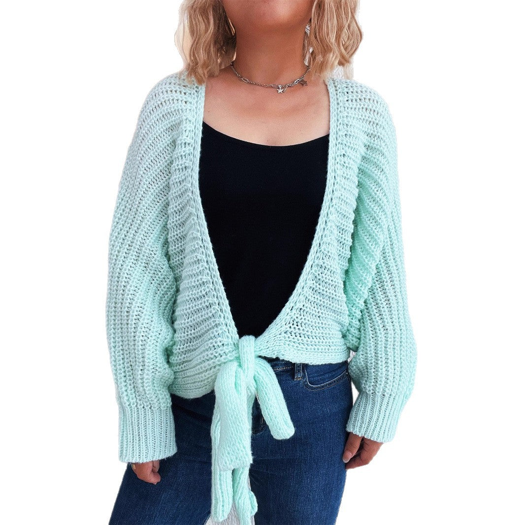 Commuter Deep V Lace-up Long Sleeve Knitwear Cardigan Coat Sweater