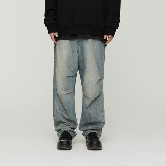 Light Wash Grey Denim Jeans Baggy Oversized With Pleats
