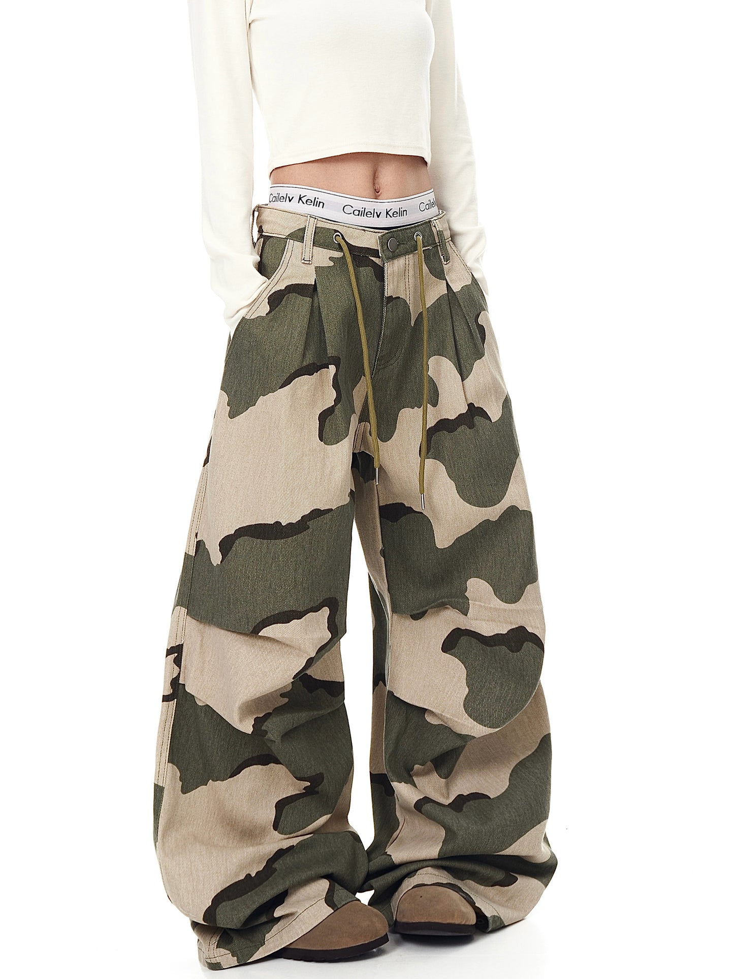Retro Drawstring Pleated Camouflage Overalls Straight Loose Wide-leg Pants