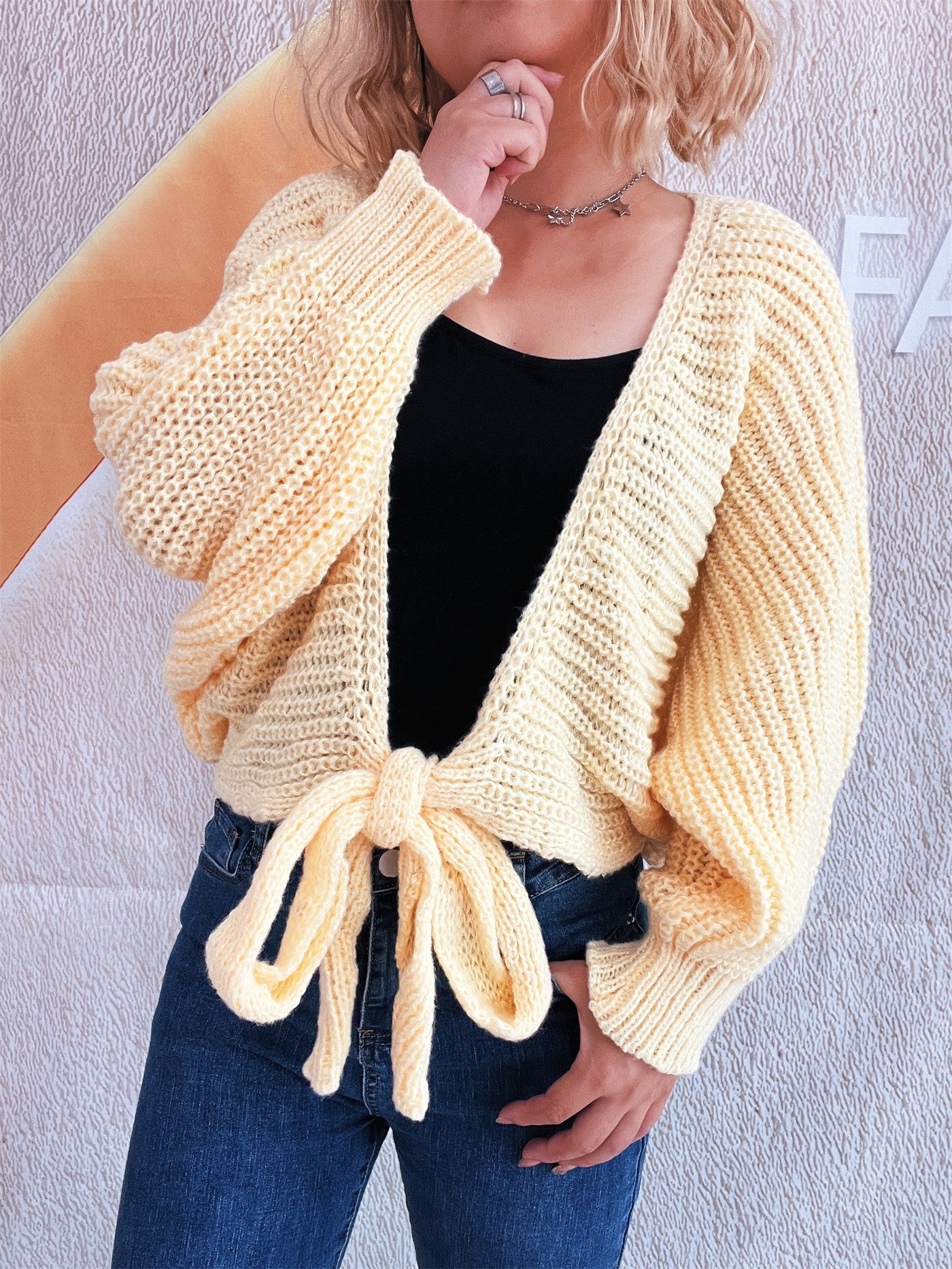 Commuter Deep V Lace-up Long Sleeve Knitwear Cardigan Coat Sweater