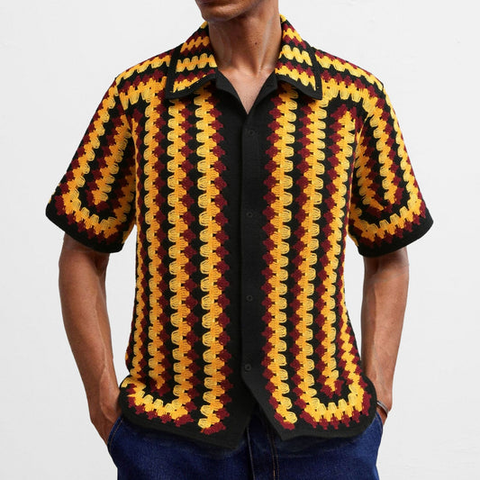 Retro Striped Crochet-Knit Mens Shirt