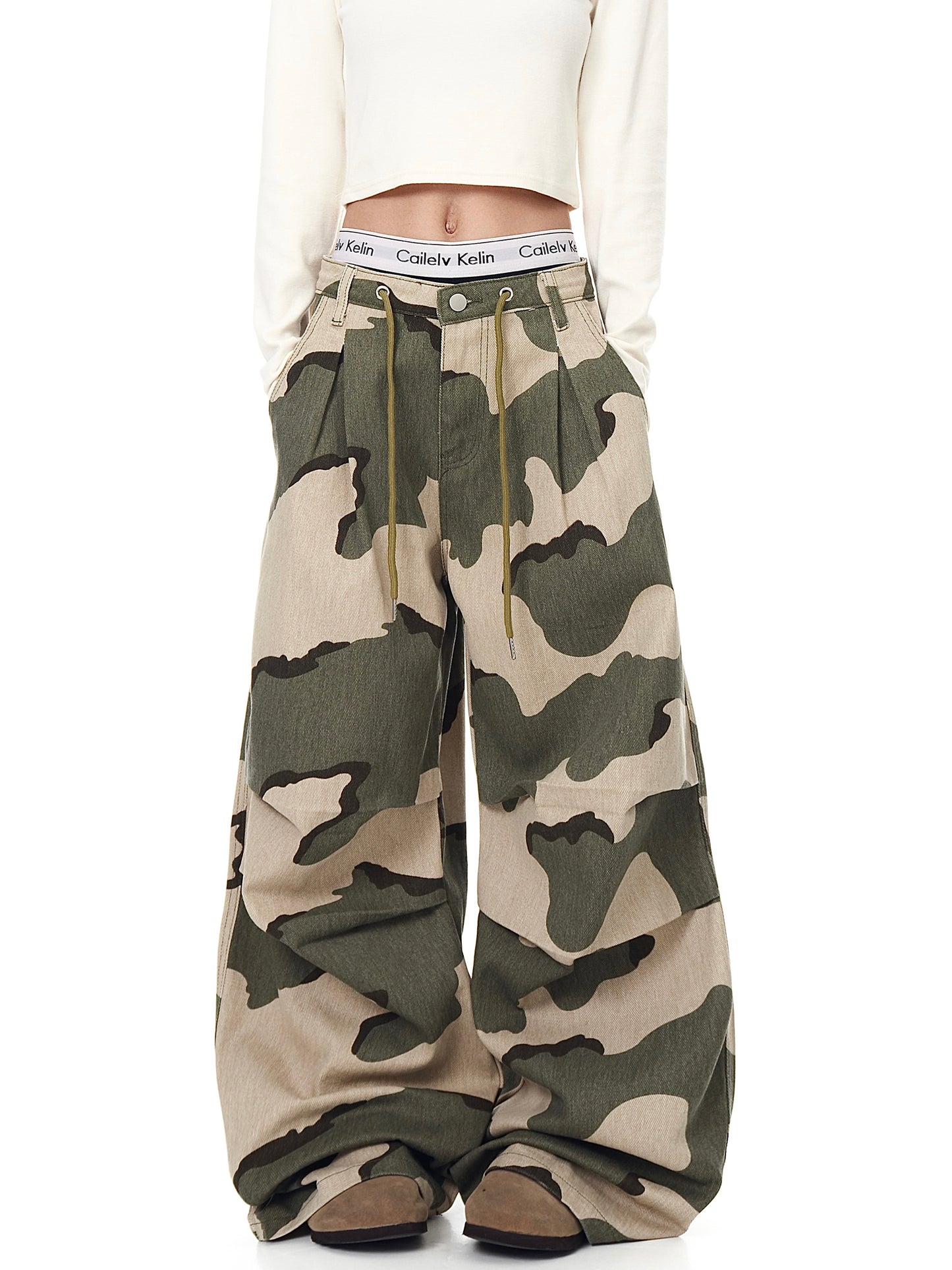 Retro Drawstring Pleated Camouflage Overalls Straight Loose Wide-leg Pants
