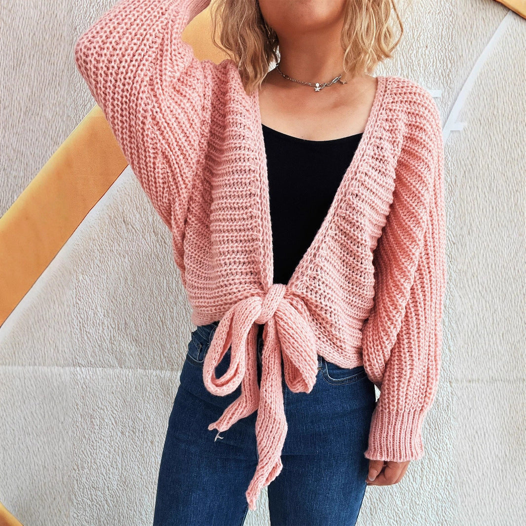 Commuter Deep V Lace-up Long Sleeve Knitwear Cardigan Coat Sweater