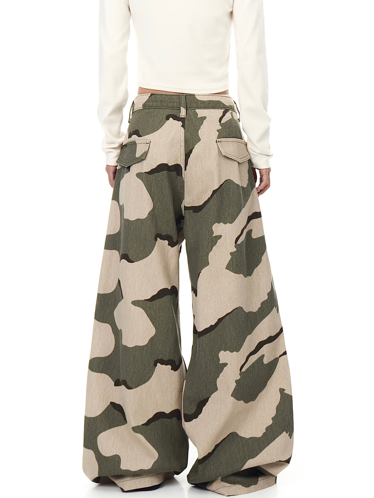 Retro Drawstring Pleated Camouflage Overalls Straight Loose Wide-leg Pants
