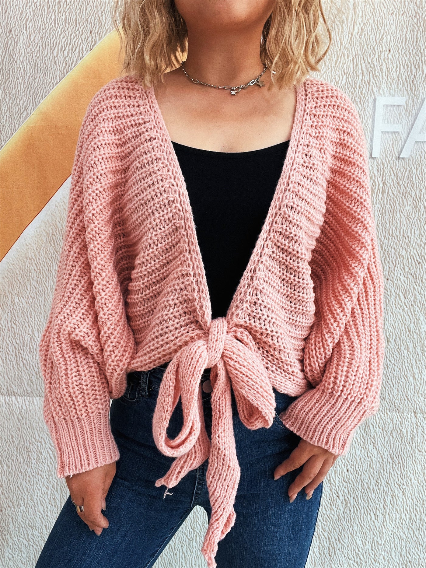 Commuter Deep V Lace-up Long Sleeve Knitwear Cardigan Coat Sweater